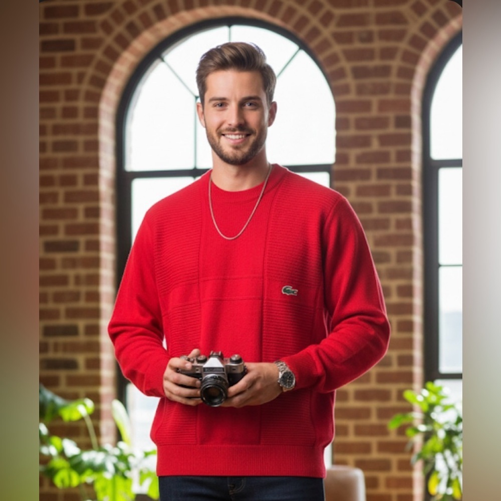 Red Crewneck Sweater with Seam Detail